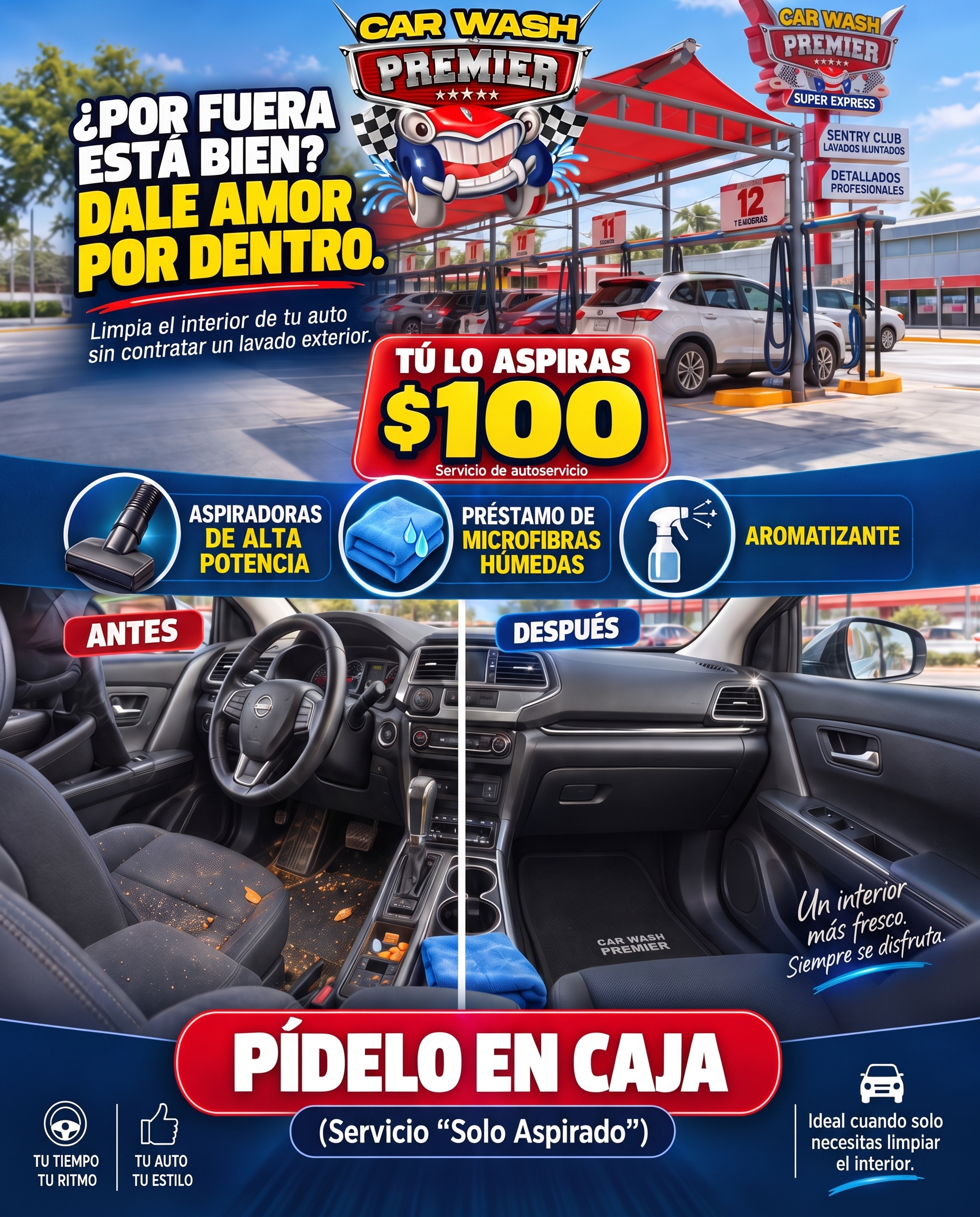 Servicio de solo aspirado a $100, con aspiradoras de alta potencia y aromatizante